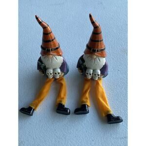 Halloween Decor - Resin Sitting Gnomes 2 Piece‎ Set Orange Skull Spooky Decor 5”